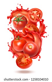 Realistic tomato juice splash composition with slices and whole fruits of tomato with liquid juice splashes vector illustration