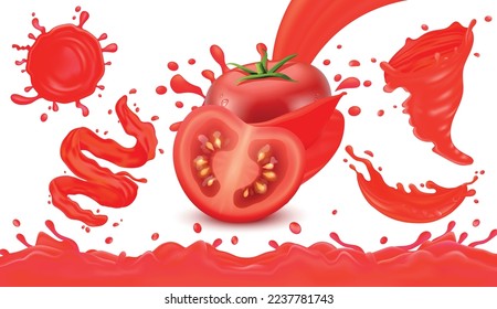 Realistic tomato juice splashes and whole ripe vegetable on white background vector illustration