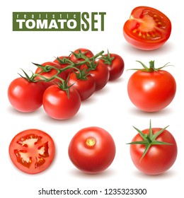 Realistic tomato set of isolated images with single tomato fruits and groups with shadows and text vector illustration