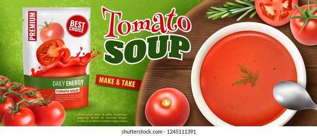 Realistic tomato soup advertising poster with branded packaging and wooden board with plate filled with soup vector illustration