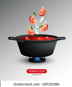 Realistic tomato soup cooking concept with tomato and onion slices falling into pan isolated vector illustration