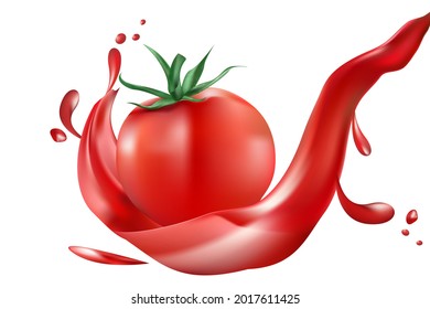 Realistic tomato with splashing juice or sauce, isolated in whit background. 3D Realistic Illustration, suitable for product packaging, poster, or promotion.