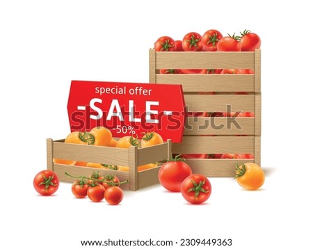 Realistic tomatoes boxes. Storage wooden crates with vegetables, products transportation, grocery sale offer, agricultural containers, fresh natural food, 3d isolated utter vector concept