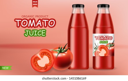 Realistic tomatoes isolated and package juice bottle, fresh product, vegetarian food, pink background, vector illustration