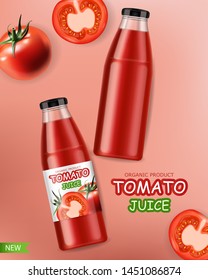 Realistic tomatoes isolated and package juice bottle, fresh product, vegetarian food, pink background, vector illustration