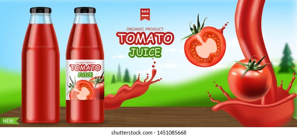 Realistic tomatoes isolated and splash juice, package juice bottle, fresh product, vegetarian food, beautiful landscape background, vector illustration
