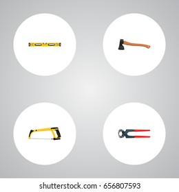 Realistic Tongs, Hatchet, Arm-Saw And Other Vector Elements. Set Of Instruments Realistic Symbols Also Includes Ax, Saw, Tongs Objects.
