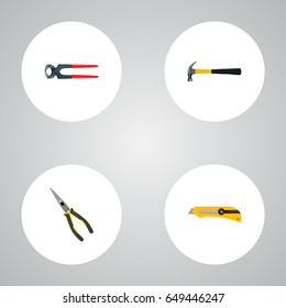 Realistic Tongs, Stationery Knife, Nippers And Other Vector Elements. Set Of Tools Realistic Symbols Also Includes Hammer, Stationery, Cutter Objects.