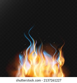 Realistic tongues of fire with horizontal repetition on a dark translucent background. Vector flame	