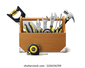 Realistic tool box. Wooden chest with different repairman instrument, carpentry equipment store. Hammer, saw and wrenches, 3d isolated composition with worker objects utter vector concept