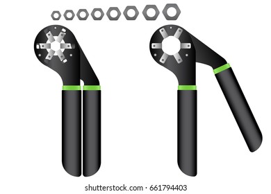 Realistic tool hybrid between a adjustable wrench and pliers cover different sizes of fasteners. Vector illustration EPS 10