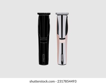 Realistic tools. Professional saloon accessories. Hygiene modern colorful electric and the original replacement air nozzle.  Hair clippers  Vector flat illustration, isolated on white background.