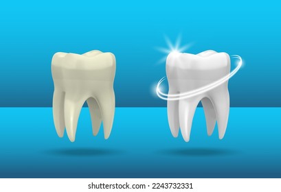 Realistic tooth. 3d teeth whitening. Realistic Healthy tooth with glowing effect.