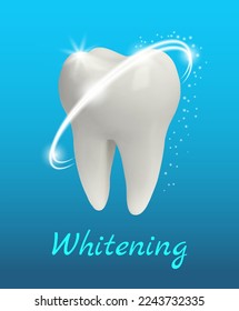 Realistic tooth. 3d teeth whitening. Realistic Healthy tooth with glowing effect.