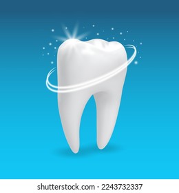 Realistic tooth. 3d teeth whitening. Realistic Healthy tooth with glowing effect.