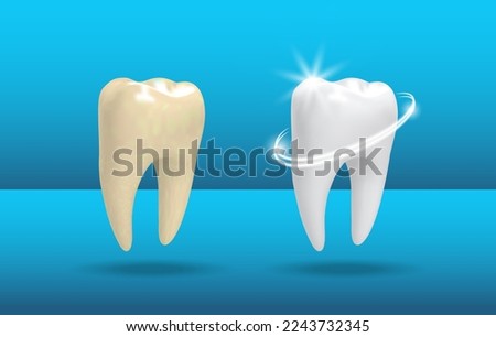 Realistic tooth. 3d teeth whitening. Realistic Healthy tooth with glowing effect.