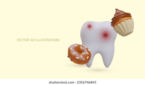 Diente realista con caries, quequitos, donut. Daño al esmalte dental. Concepto para el negocio dental. Mayor sensibilidad. Precauciones para los pacientes. Banner de vector de color