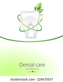 Realistic tooth. Dental care background.Green colours. 