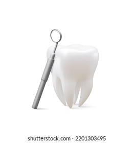 Realistic tooth and dental mirror for teeth isolated on white background. Medical dentist tool. Dentistry, healthcare, hygiene Concept. Vector illustration