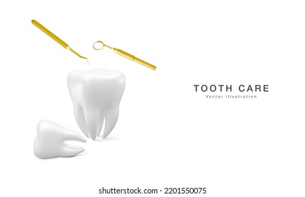 Realistic tooth, dental probe and dental mirror for teeth isolated on white background. Medical dentist tool. Dentistry, healthcare, hygiene Concept. Vector illustration