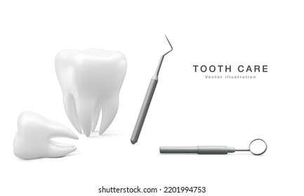 Realistic tooth, dental probe and dental mirror for teeth isolated on white background. Medical dentist tool. Dentistry, healthcare, hygiene Concept. Vector illustration