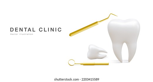 Realistic tooth, dental probe and dental mirror for teeth isolated on white background. Medical dentist tool. Dentistry, healthcare, hygiene Concept. Vector illustration