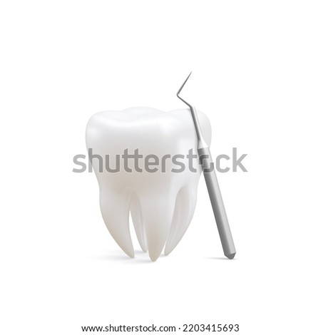 Realistic tooth and dental probe for teeth isolated on white background. Medical dentist tool. Dentistry, healthcare, hygiene Concept. Vector illustration