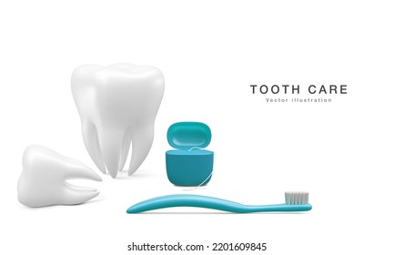 Realistic tooth and dental tools for teeth isolated on white background. Medical dentist tool. Dentistry, healthcare, hygiene Concept. Vector illustration