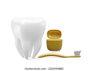 Realistic tooth and dental tools for teeth isolated on white background. Medical dentist tool. Dentistry, healthcare, hygiene Concept. Vector illustration
