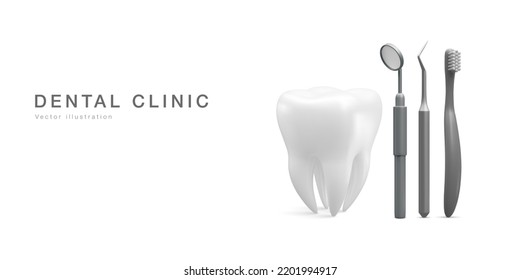 Realistic tooth and dental tools for teeth isolated on white background. Medical dentist tool. Dentistry, healthcare, hygiene Concept. Vector illustration