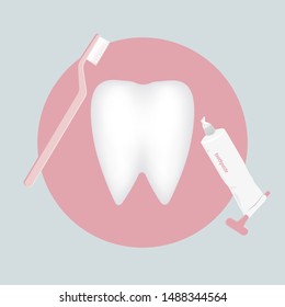 Realistic tooth, toothpaste and brush - vector. Tooth protection. Dentist icon.