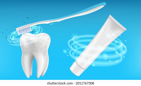 Cepillo de dientes realista cepillando dientes blancos. Cuidado dental e higiene bucal, concepto de limpieza dental. Plantilla de afiche de anatomía para educación médica de vectores de cepillado dental. Ilustración vectorial 3D.