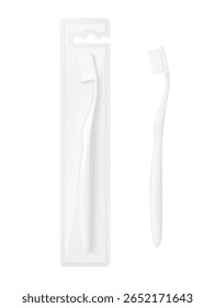 Realistic toothbrush with packaging box mockup. Vector illustration isolated on white background. Ready and simple to use for your design. EPS10.