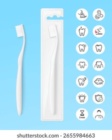 Realistic toothbrush with packaging box mockup. Vector illustration on colour background. Ready and simple to use for your design. EPS10.