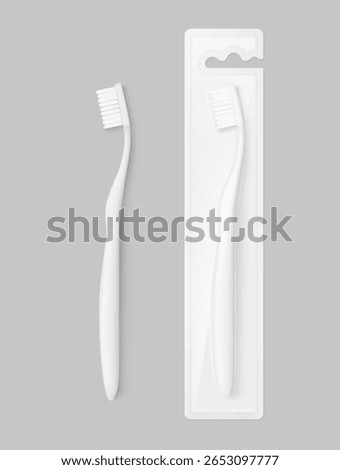 Realistic toothbrush with packaging box mockup. Vector illustration isolated on grey background. Ready and simple to use for your design. EPS10.