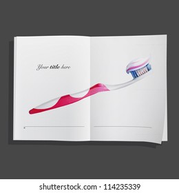 Realistic toothbrush with toothpaste inside a book. Isolated vector background illustration.