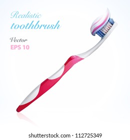 Realistic toothbrush with toothpaste. Isolated vector background illustration.