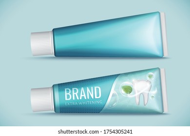 Realistic toothpaste mock-up isolated on light blue background, one with package design and one without, 3d illustration