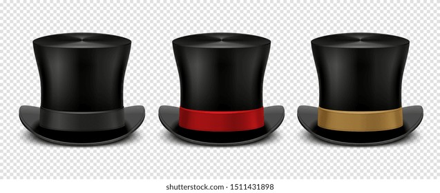 Realistic top hat. Magic hat vector. Vintage black gentleman headwears isolated on transparent background