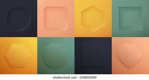 Realistic top pedestal. frames and top view platform with shadows, various geometric banners. Vector set