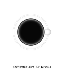 Realistic top view black coffee cup and saucer isolated on white background. Vector illustration