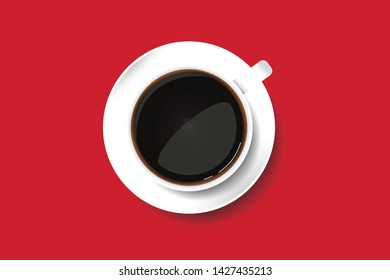 Realistic top view of black coffee in white cup with saucer isolated on red background. Poster, Advertisement, Flyers, Template with copy space for your text. vector illustration