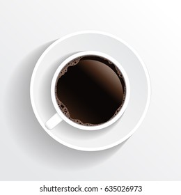 Realistic top view black coffee cup and saucer isolated on white background. illustration