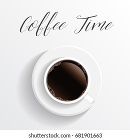 Realistic top view black coffee cup and saucer isolated on white background. illustration