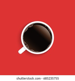 Realistic top view black coffee cup and saucer isolated on red background. illustration