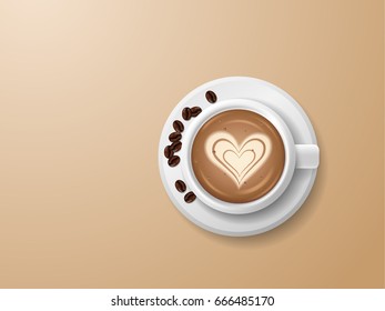 Realistic top view coffee cup and coffee bean. Vector illustration