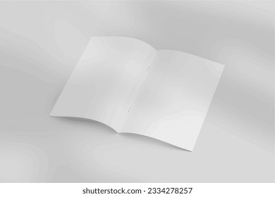 Portada de visión superior realista o retrato abierto A4 o A5 o folleto para papel y marca. Plantilla de mordaza aislada de fondo de luz y sombra de hoja superpuesta. vector de representación 3D.