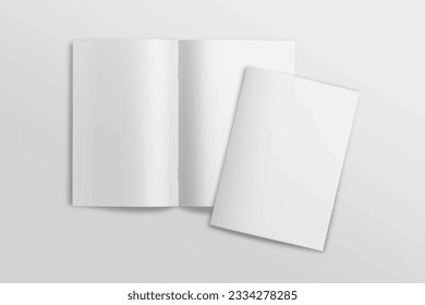 Realistic top view cover and opened portrait A4 or A5 magazine or brochure booklet for stationery and branding. Mockup template isolated light background and leaf shadow overlay. 3D rendering vector.