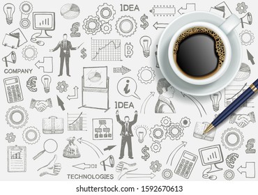 Realistic top view cup of coffee against hand drawn business and finance symbols background, vector illustration. Coffee time poster design template.