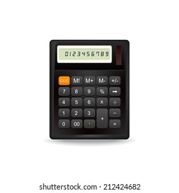 Realistic top view electronic calculator isolated on white background.
